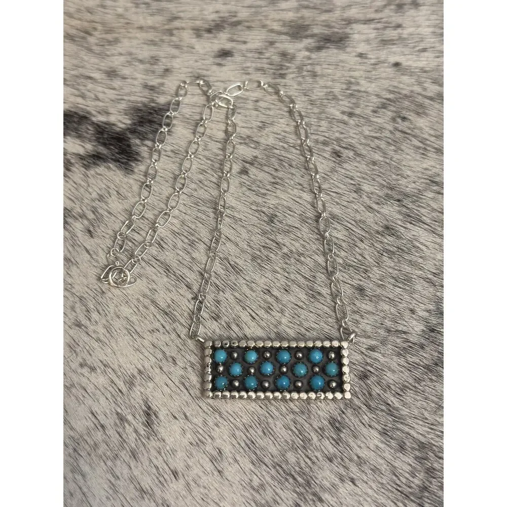 Native Navajo Handmade Sterling Kenny Longjose Kingman Turquoise Bar Necklace - Picture 9 of 10